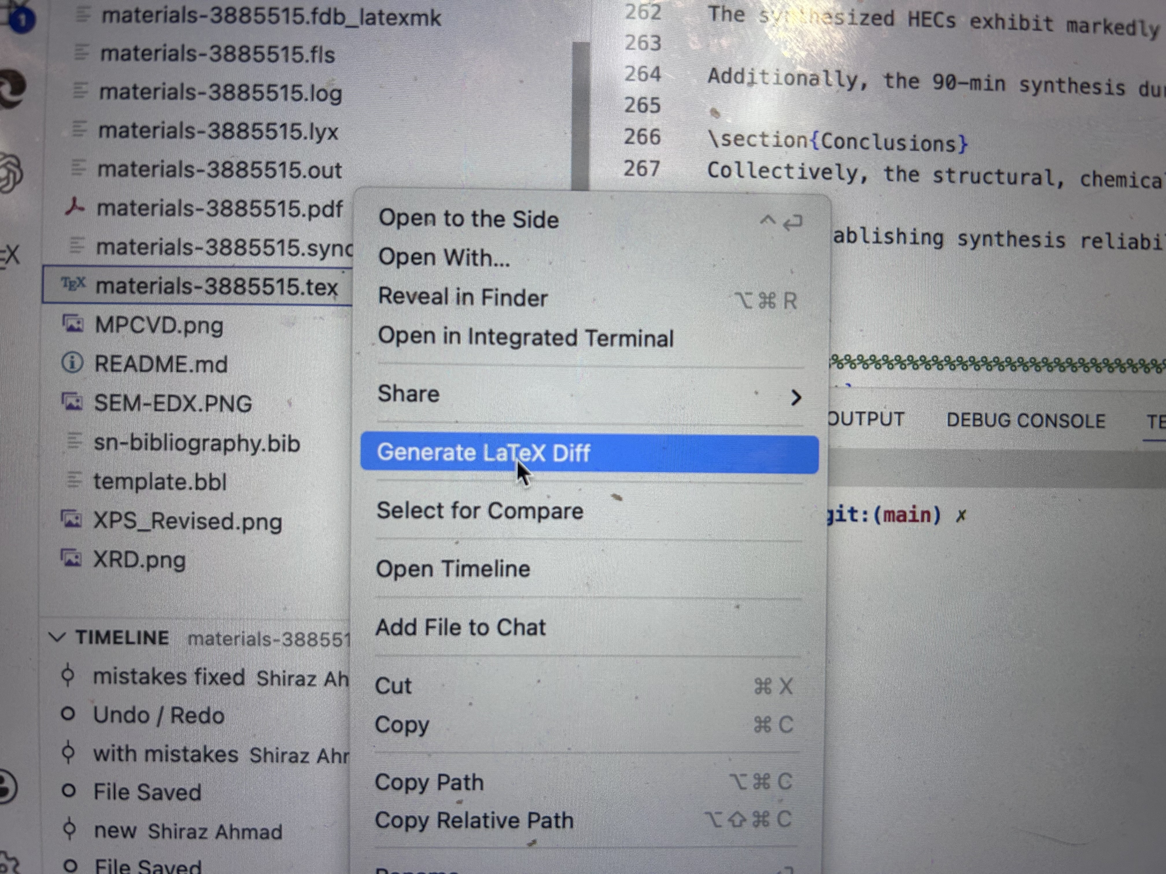 Simplified VS Code context menu with "Generate LaTeX Diff" highlighted.