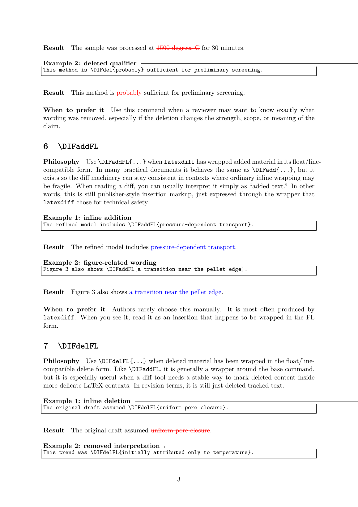 Compiled page showing inline add/delete examples and the start of FL command coverage.