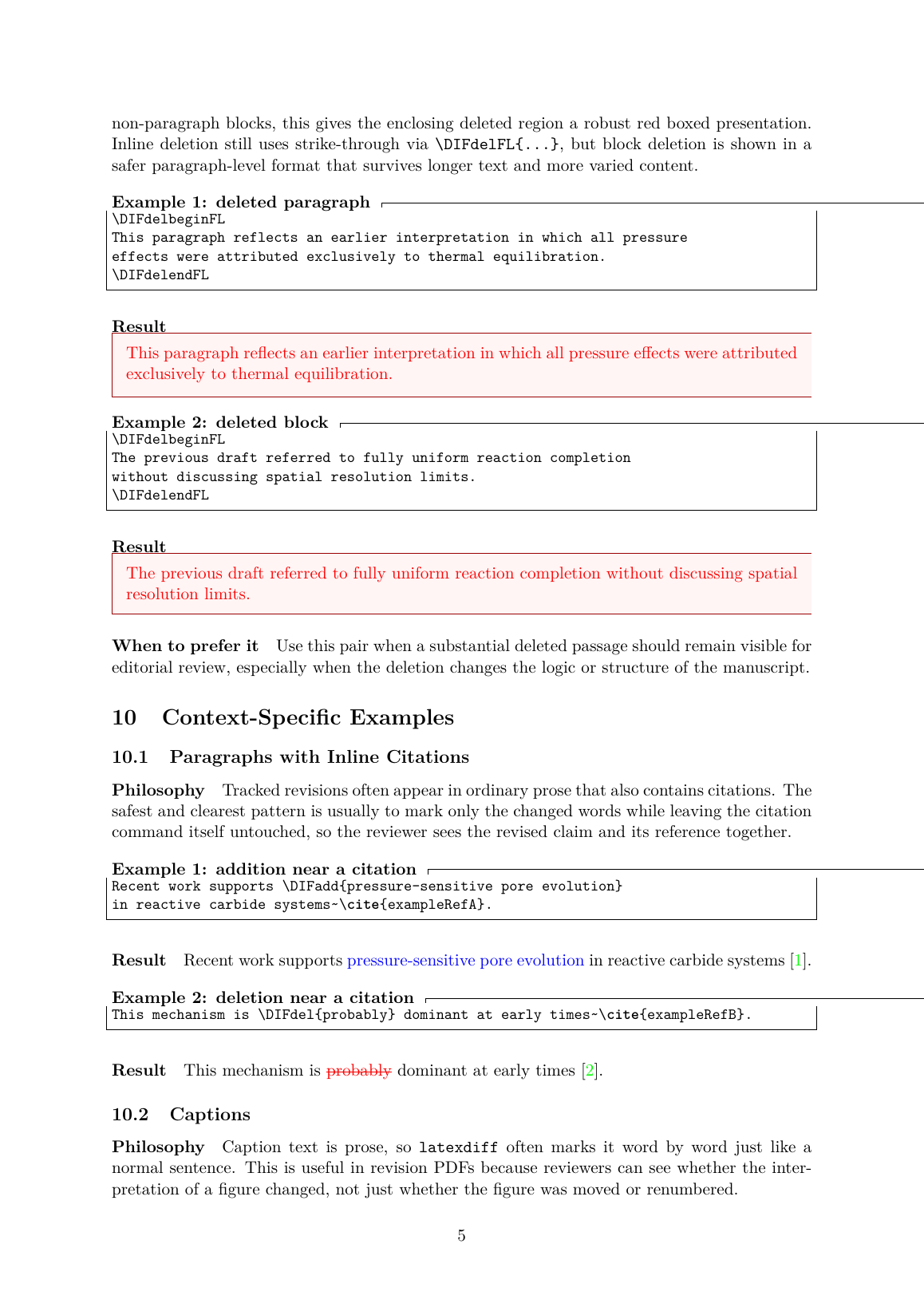 Compiled page showing deleted-block and citation-aware revision examples.